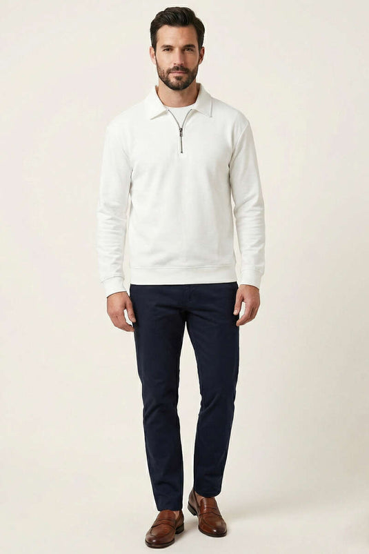 Basic Men's Sweatshirt with Polo Collar and Zipper, Ecru