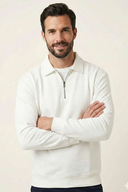 Basic Men's Sweatshirt with Polo Collar and Zipper, Ecru
