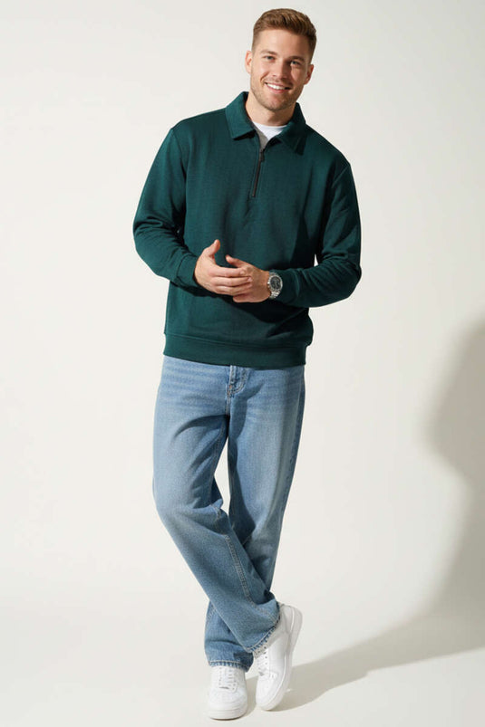 Basic Men's Sweatshirt with Polo Collar and Zipper, Olive Green