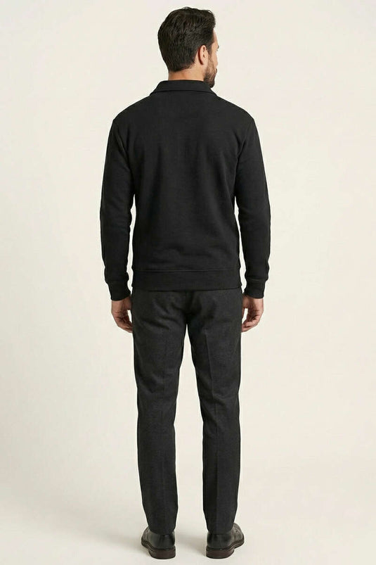 Polo Yaka Fermuarlı Basic Erkek Sweatshirt Siyah