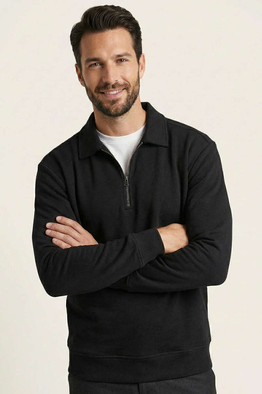 Polo Yaka Fermuarlı Basic Erkek Sweatshirt Siyah