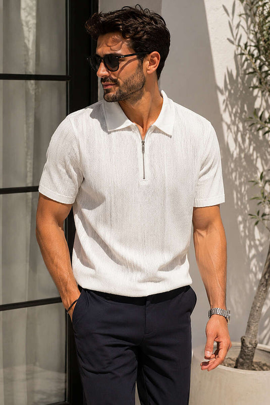 T-shirt homme basique à col polo zippé couleur écru