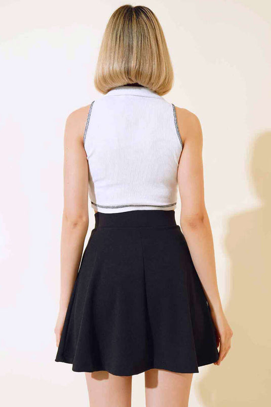 Polo Yaka Fermuarlı Crop Beyaz