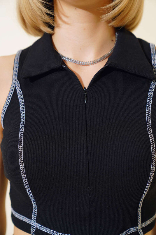 Polo Neck Zippered Crop Black