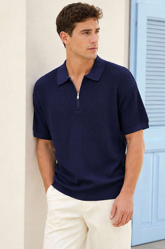T-shirt homme en mercerisé bleu marine avec col polo et fermeture éclair