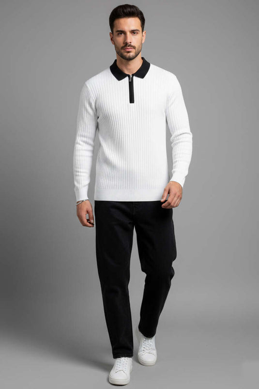 Pull homme côtelé blanc à col polo zippé