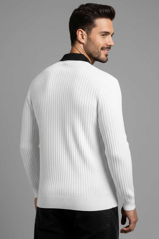 Pull homme côtelé blanc à col polo zippé