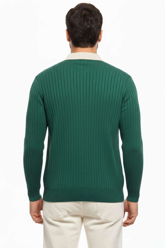 Pull homme côtelé à col polo zippé couleur vert olive