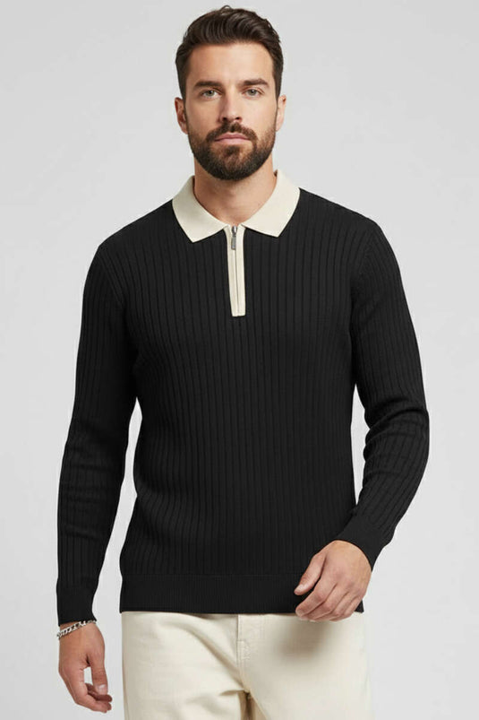 Polo Yaka Fermuarlı Fitilli Erkek Kazak Siyah