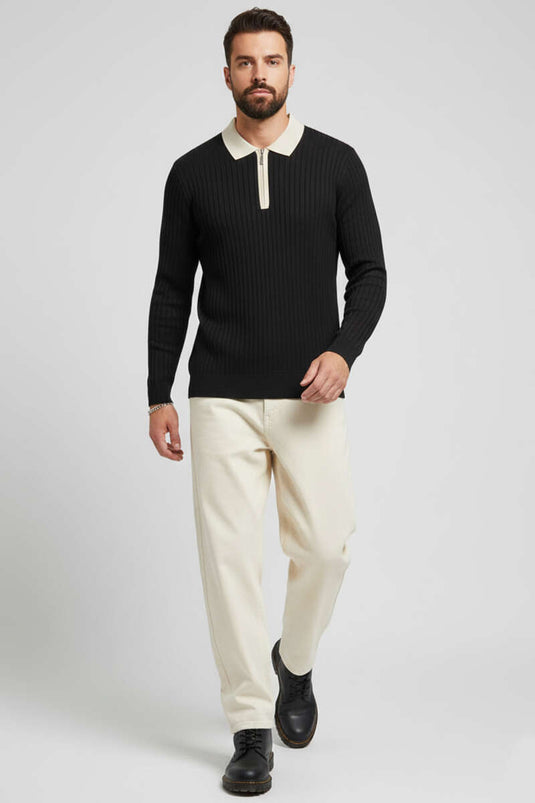 Polo Yaka Fermuarlı Fitilli Erkek Kazak Siyah