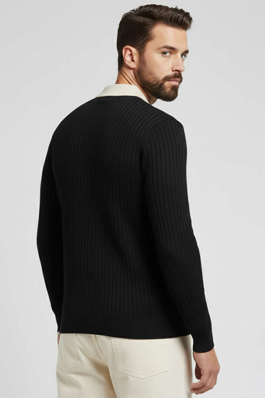 Polo Yaka Fermuarlı Fitilli Erkek Kazak Siyah