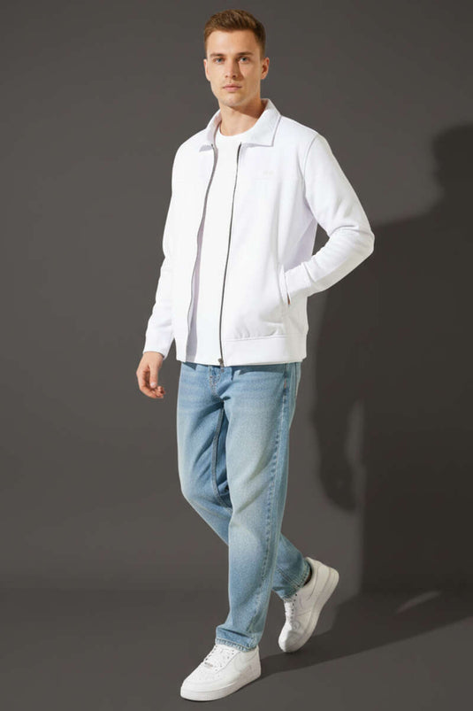 Polo Collar Zippered Patterned Men's Sweatshirt White