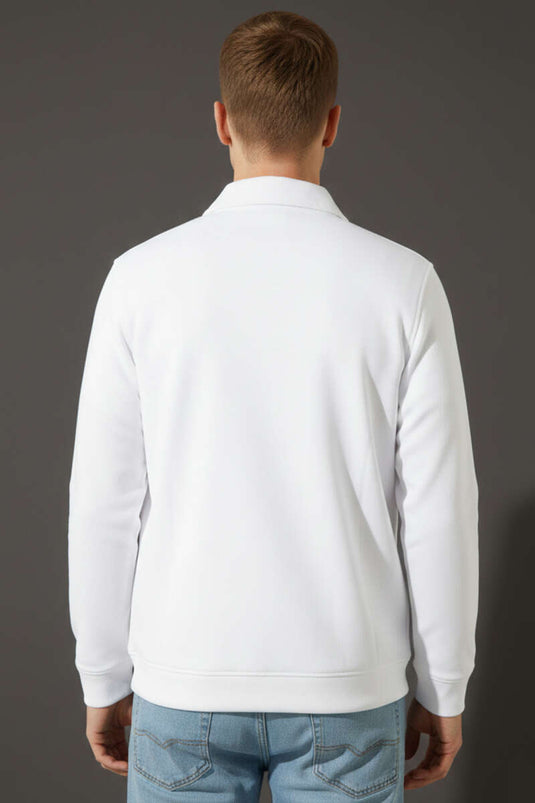 Polo Collar Zippered Patterned Men's Sweatshirt White