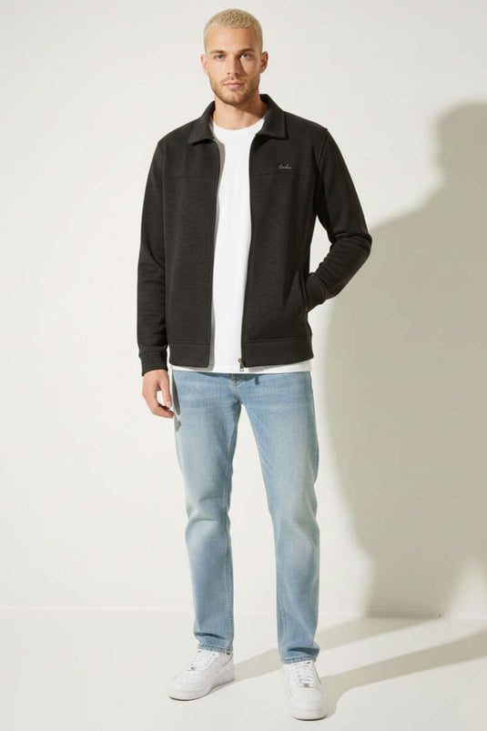 Polo Yaka Fermuarlı Jakarlı Erkek Sweatshirt Füme