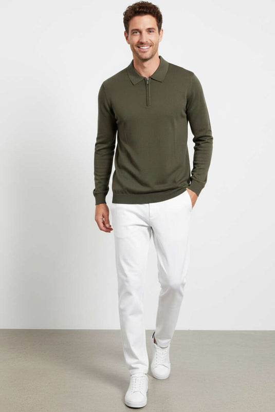 Polo Yaka Fermuarlı Merserize T-shirt Haki