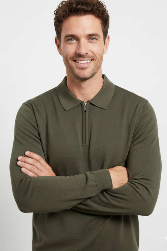 Polo Yaka Fermuarlı Merserize T-shirt Haki