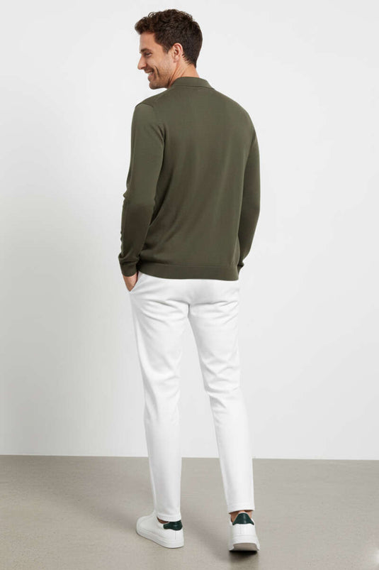 Polo Yaka Fermuarlı Merserize T-shirt Haki