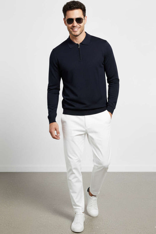 Polo Yaka Fermuarlı Merserize T-shirt Lacivert