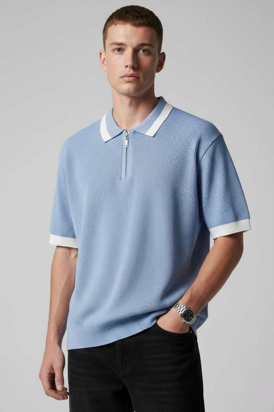 Polo Collar Zippered Mercerized Knit T-Shirt Baby Blue