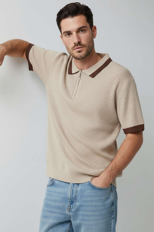 Polo Collar Zippered Mercerized Knit T-Shirt Beige