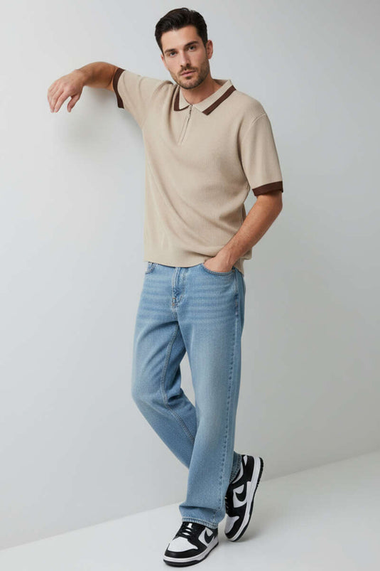 Polo Collar Zippered Mercerized Knit T-Shirt Beige