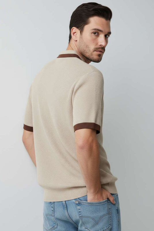 Polo Collar Zippered Mercerized Knit T-Shirt Beige