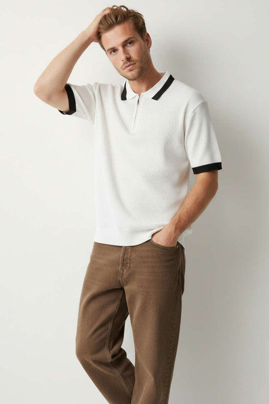 Polo Collar Zip-Up Mercerized Knit T-Shirt White