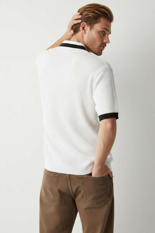 Polo Collar Zip-Up Mercerized Knit T-Shirt White