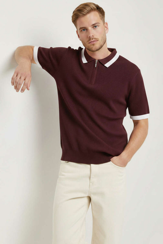 Polo Collar Zippered Mercerized Knit T-Shirt Burgundy