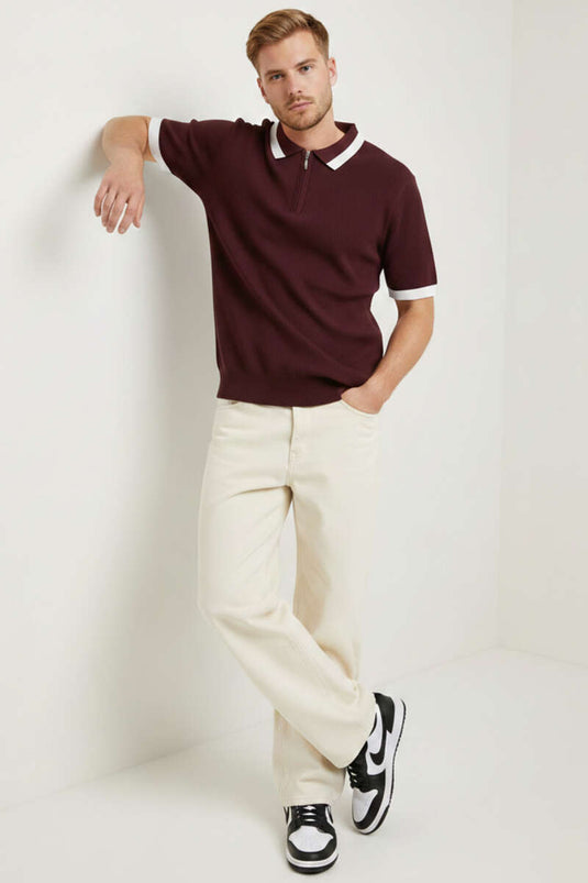 Polo Collar Zippered Mercerized Knit T-Shirt Burgundy