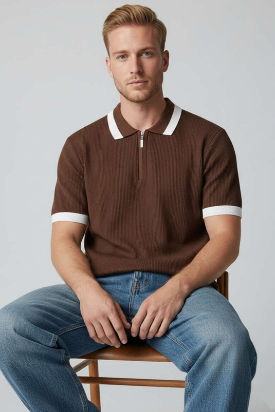 Polo Collar Zippered Mercerized Knit T-Shirt Brown