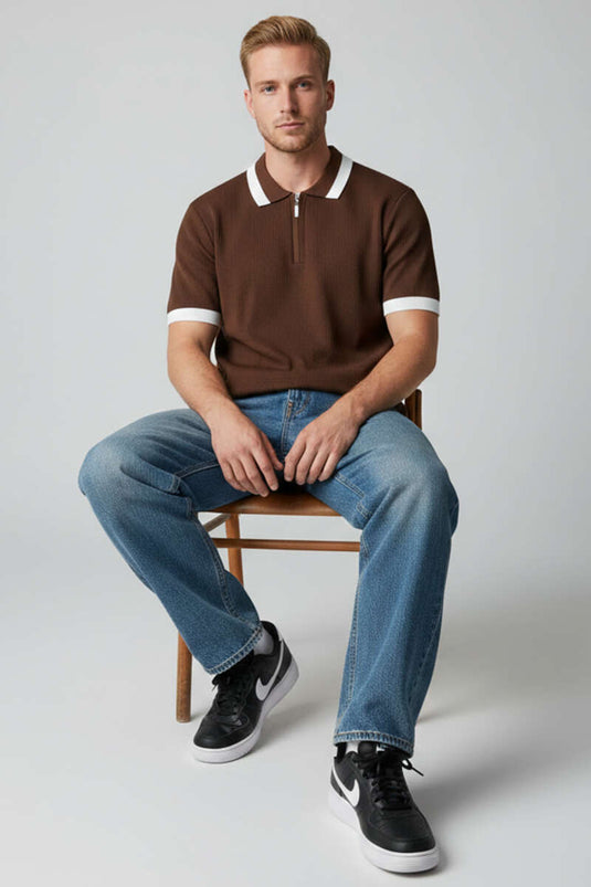 Polo Collar Zippered Mercerized Knit T-Shirt Brown