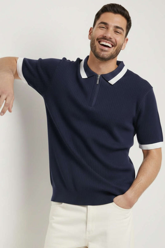 Polo Collar Zippered Mercerized Knit T-Shirt Navy Blue