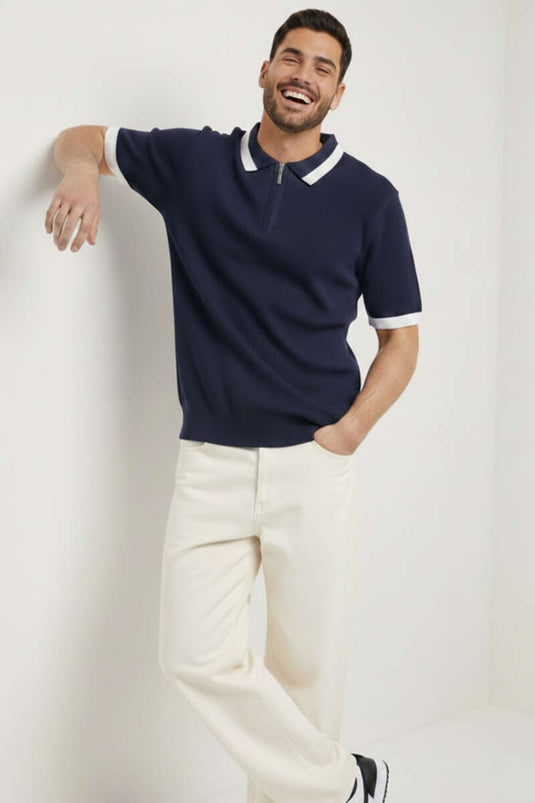 Polo Collar Zippered Mercerized Knit T-Shirt Navy Blue