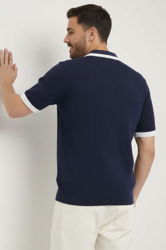 Polo Collar Zippered Mercerized Knit T-Shirt Navy Blue