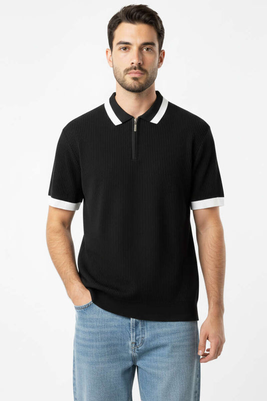 Polo Collar Zip-Up Mercerized Knit T-Shirt Black