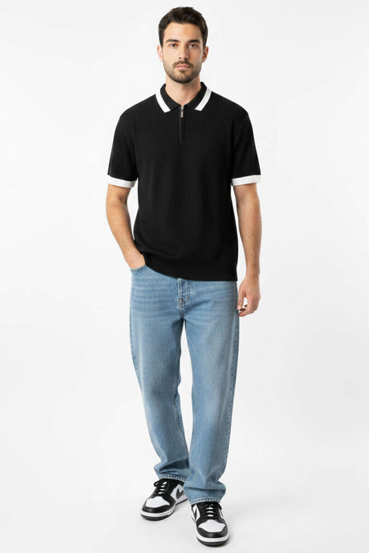 Polo Collar Zip-Up Mercerized Knit T-Shirt Black