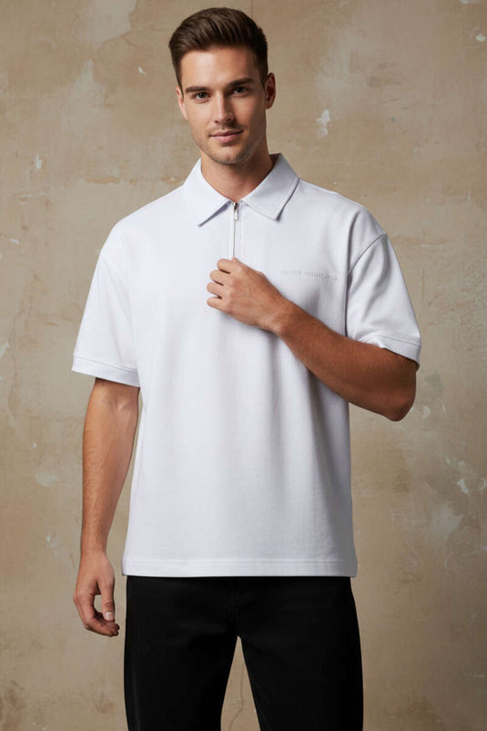 Maglietta da uomo oversize con collo a polo e zip bianca