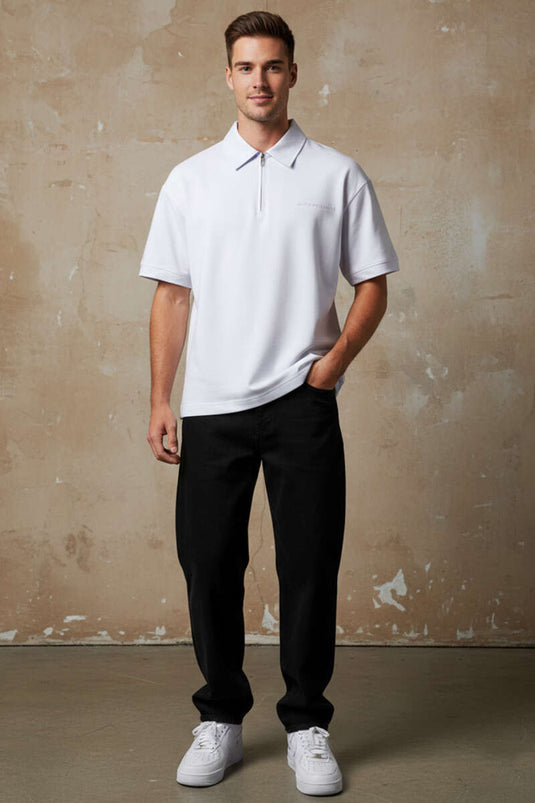Maglietta da uomo oversize con collo a polo e zip bianca