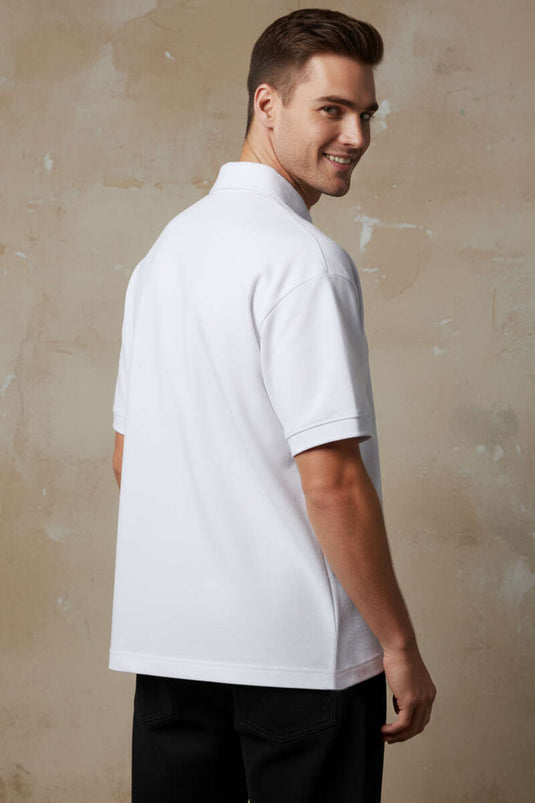 Maglietta da uomo oversize con collo a polo e zip bianca