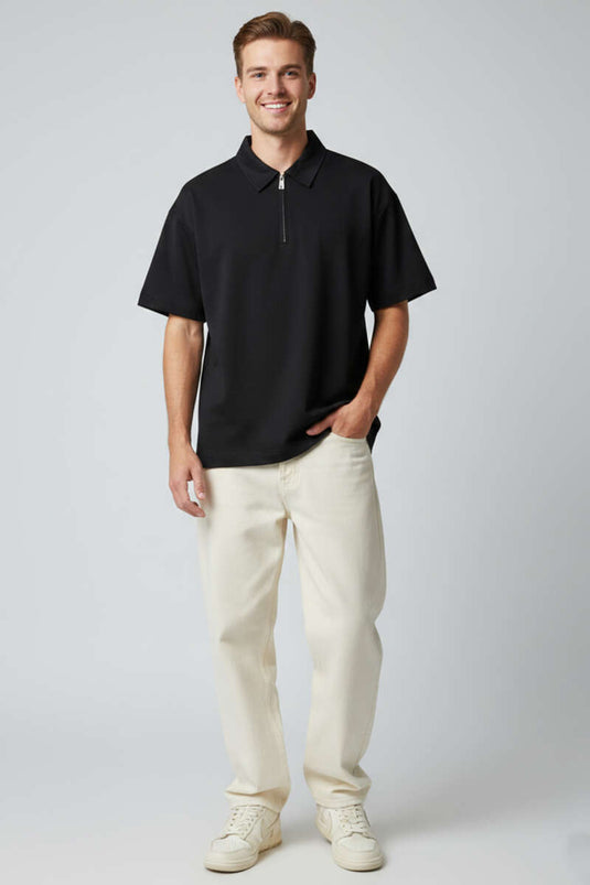 Polo Collar Zippered Oversized Men's T-shirt Black