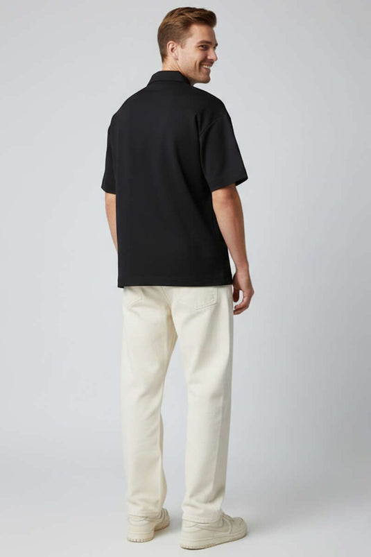 Polo Collar Zippered Oversized Men's T-shirt Black