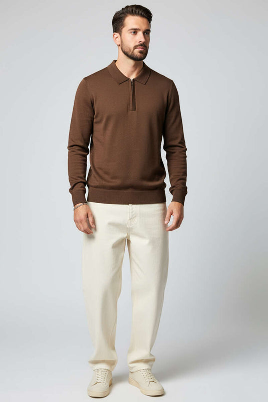 Pull en maille à col polo zippé pour homme, marron foncé