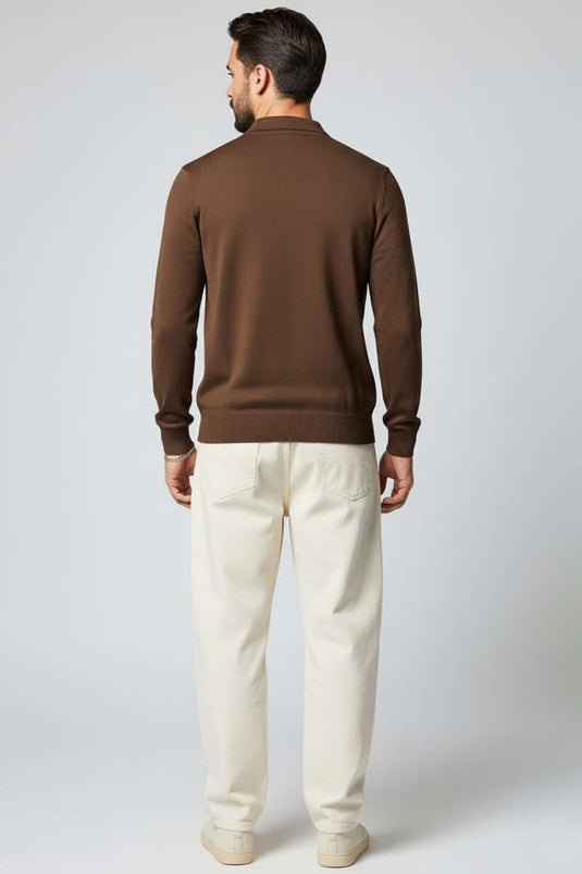Pull en maille à col polo zippé pour homme, marron foncé