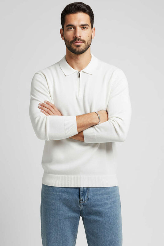 كنزة صوفية رجالية بياقة بولو وسحاب أمامي، لون بيج فاتح