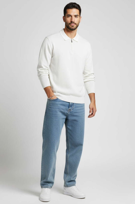 Pull en maille à col polo zippé pour homme, écru