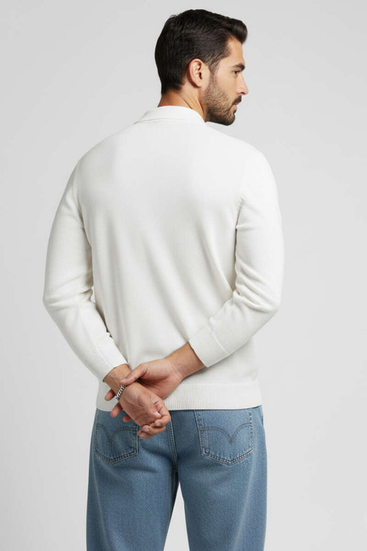 Pull en maille à col polo zippé pour homme, écru