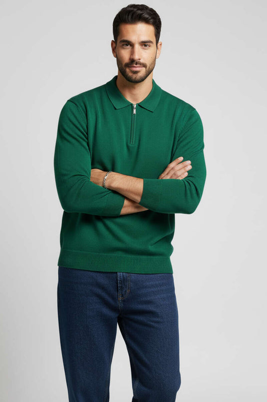 Polo Yaka Fermuarlı Triko Erkek Kazak Nefti