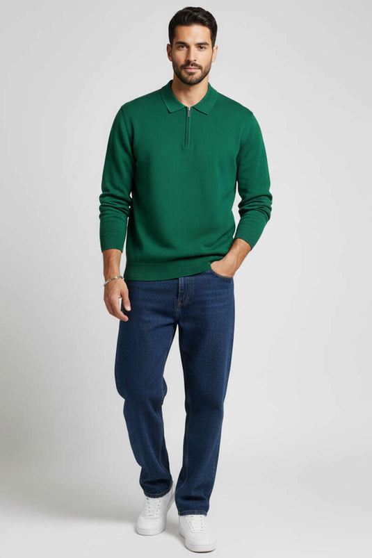 Pull en maille à col polo zippé pour homme, vert foncé