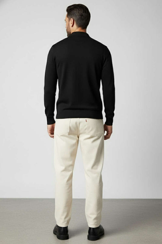 Pull en maille à col polo zippé pour homme, noir